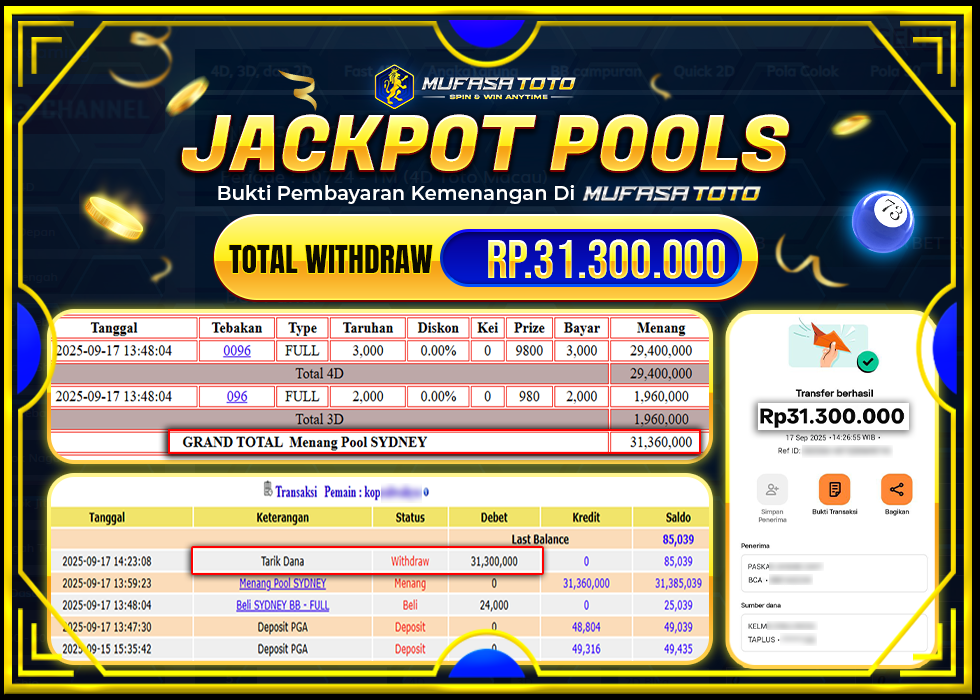 MUFASATOTO JACKPOT POOL SYDNEY Rp 31.300.000 | LUNAS